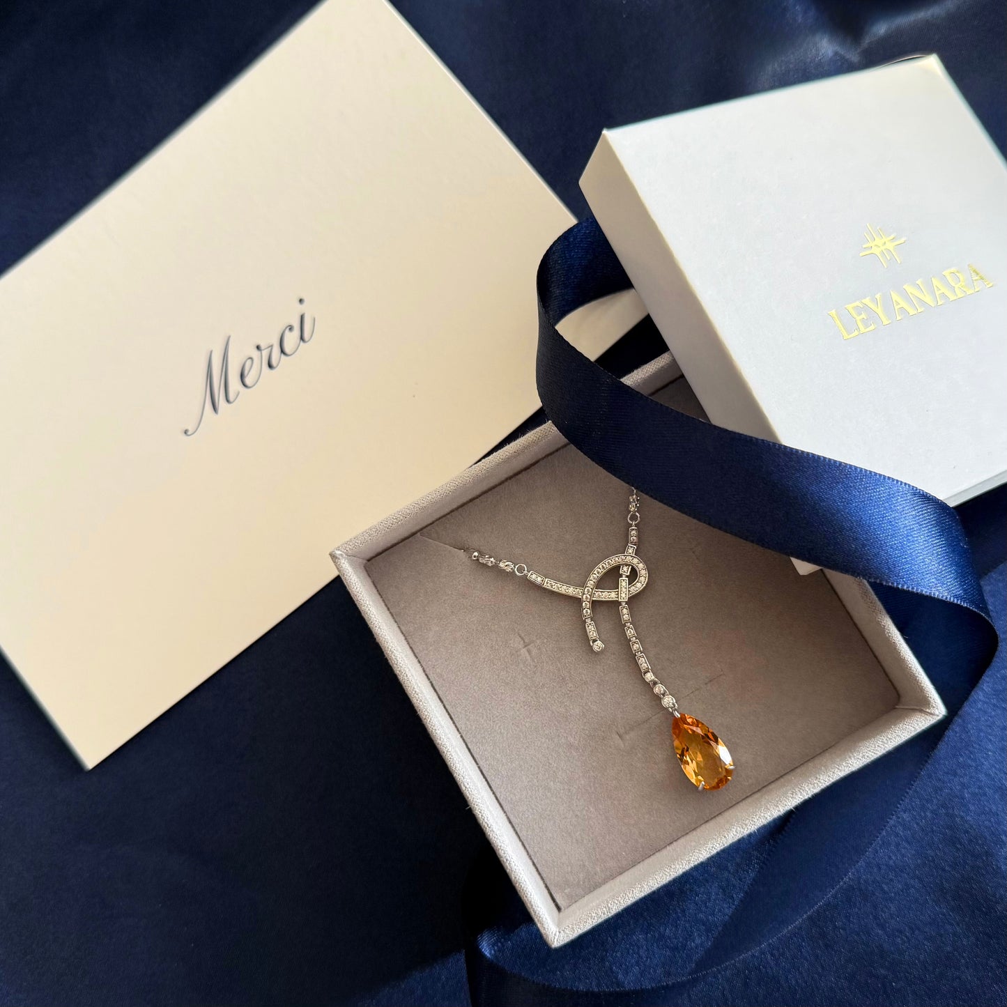 Ribbon Drop Sterling Silver Necklace with Natural Citrine - Certified