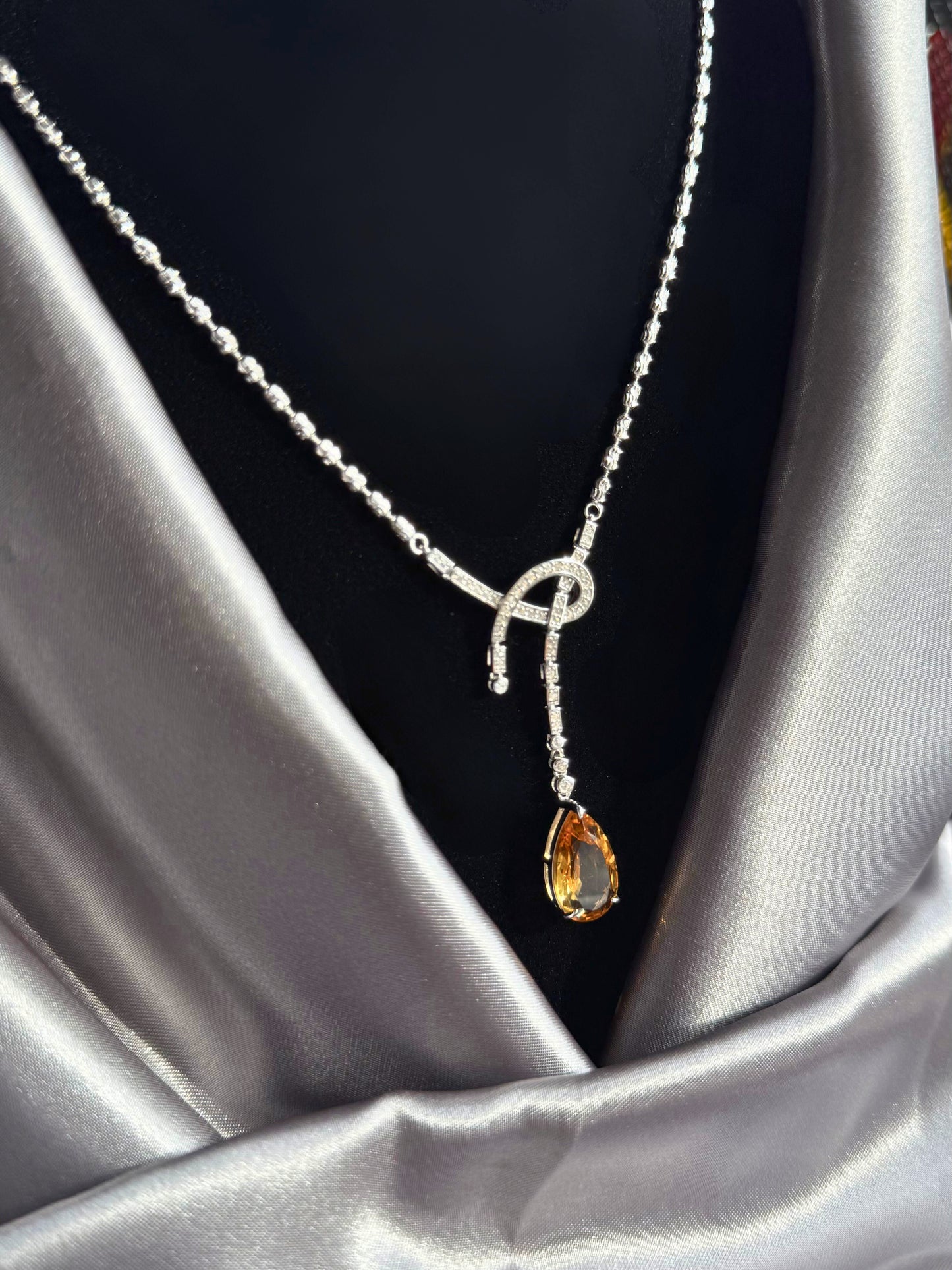 Ribbon Drop Sterling Silver Necklace with Natural Citrine - Certified