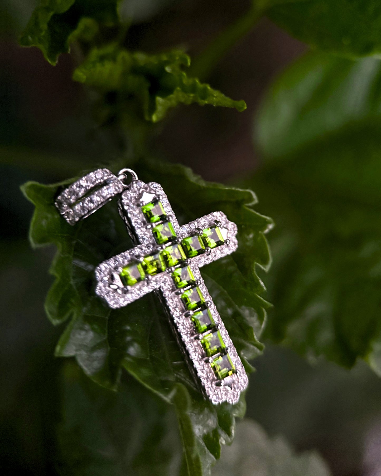 Natural Green Diopside Cross Pendant – Sterling Silver