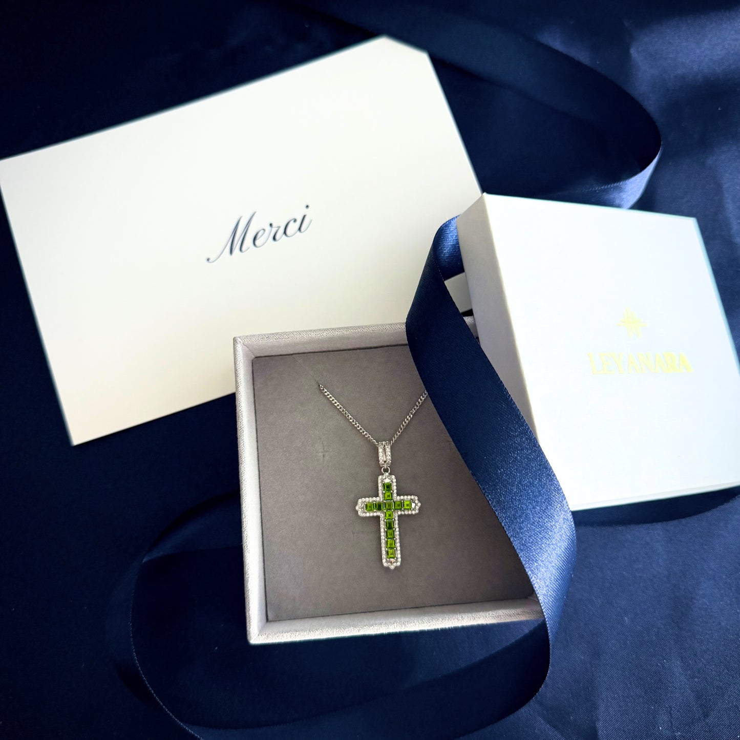 Natural Green Diopside Cross Pendant – Sterling Silver