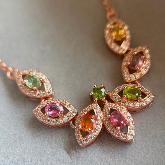 Certified Multi-Color Natural Tourmaline Necklace – Rose Gold Plated on Sterling Silver