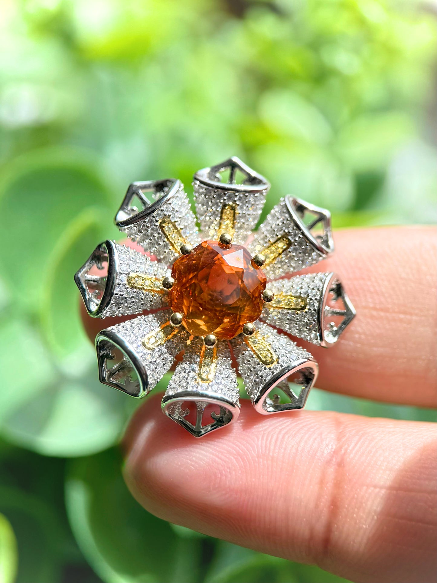 Sunburst Natural Citrine Brooch & Pendant – Sterling Silver with Gold-Plated Accents
