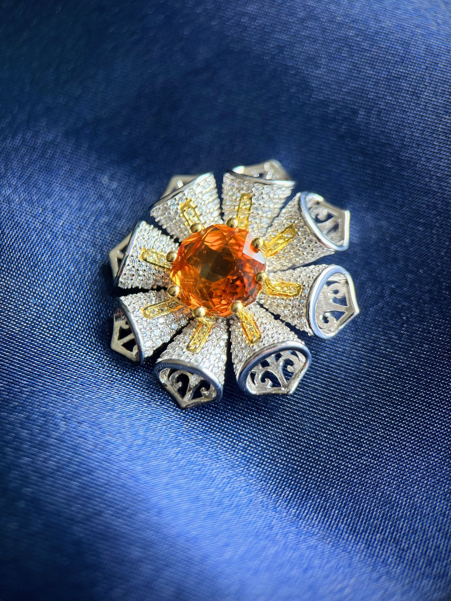 Sunburst Natural Citrine Brooch & Pendant – Sterling Silver with Gold-Plated Accents