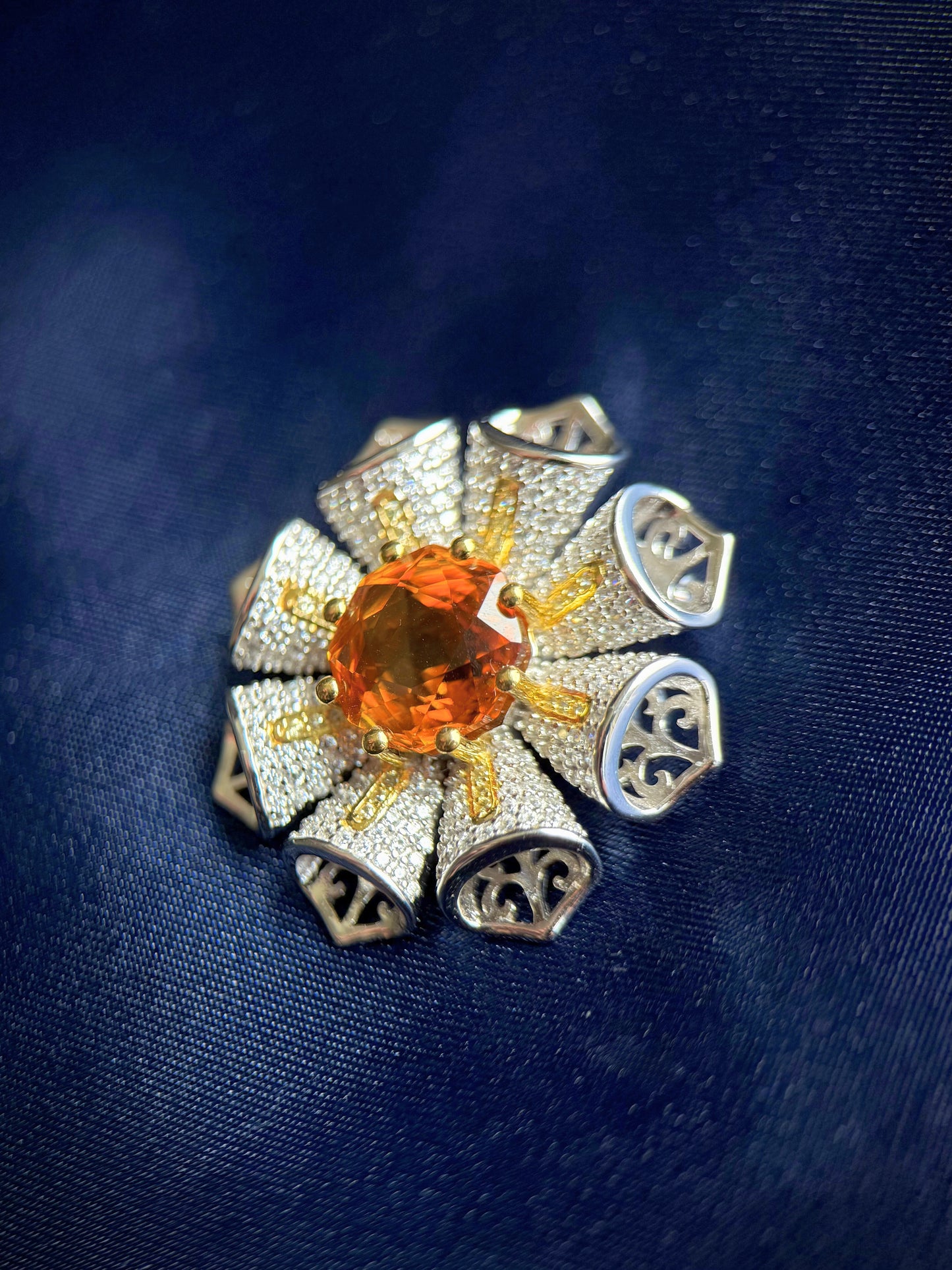 Sunburst Natural Citrine Brooch & Pendant – Sterling Silver with Gold-Plated Accents