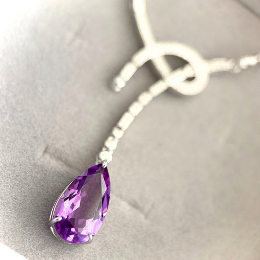 Ribbon Drop Sterling Silver Necklace with Natural Amethyst - Certified