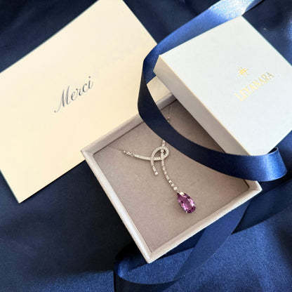 Ribbon Drop Sterling Silver Necklace with Natural Amethyst - Certified