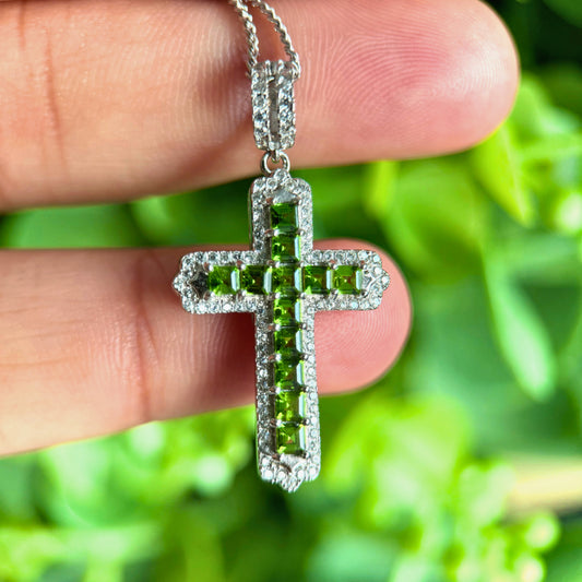 Natural Green Diopside Cross Pendant – Sterling Silver