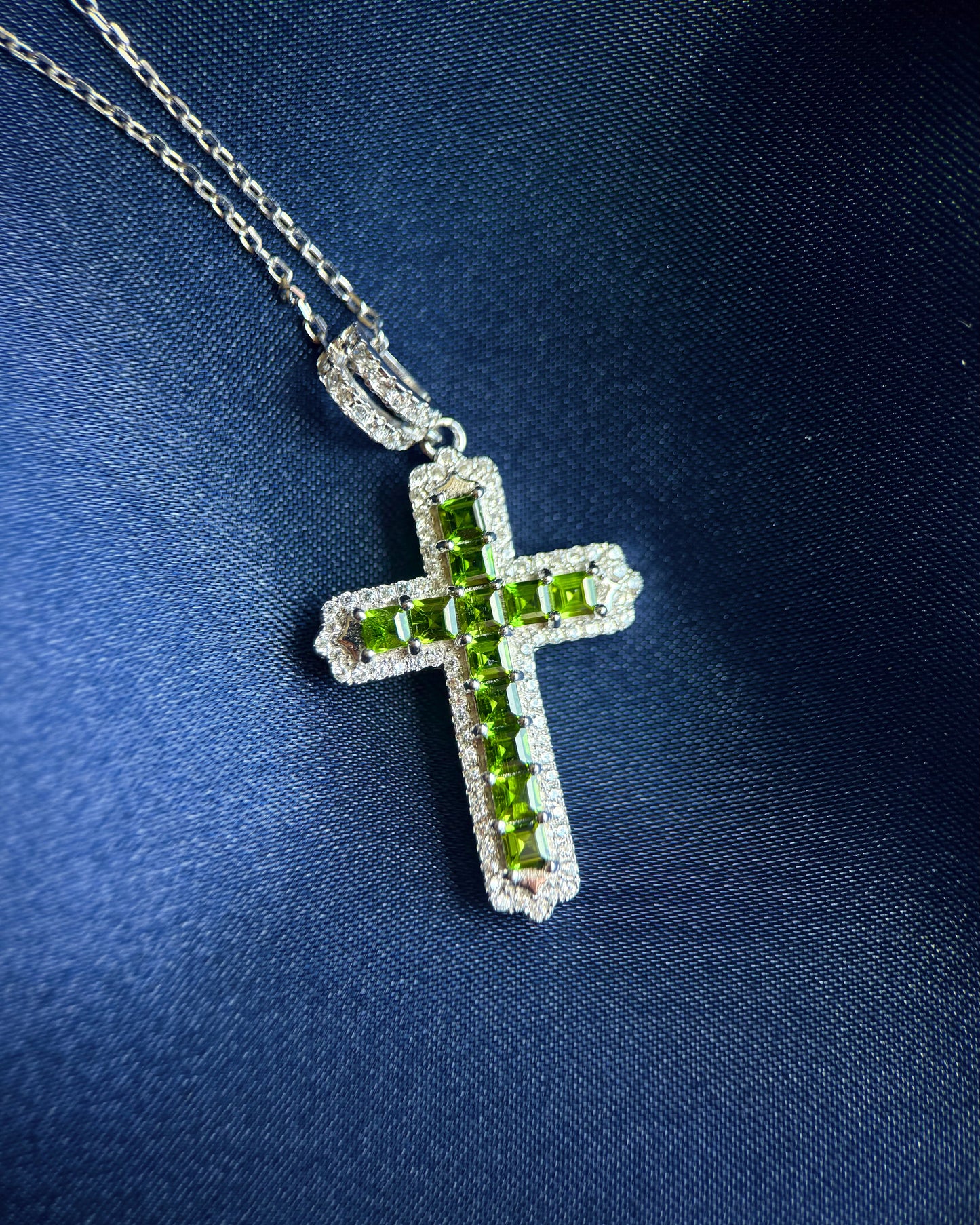 Natural Green Diopside Cross Pendant – Sterling Silver
