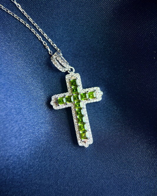 Natural Green Diopside Cross Pendant – Sterling Silver