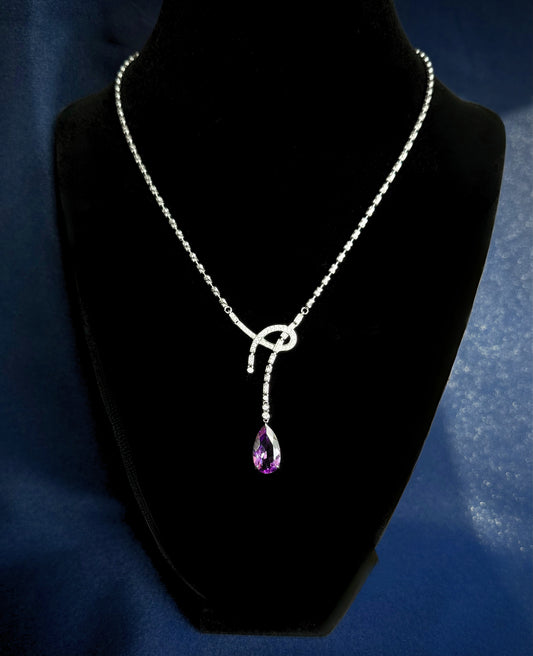 Ribbon Drop Sterling Silver Necklace with Natural Amethyst - Certified