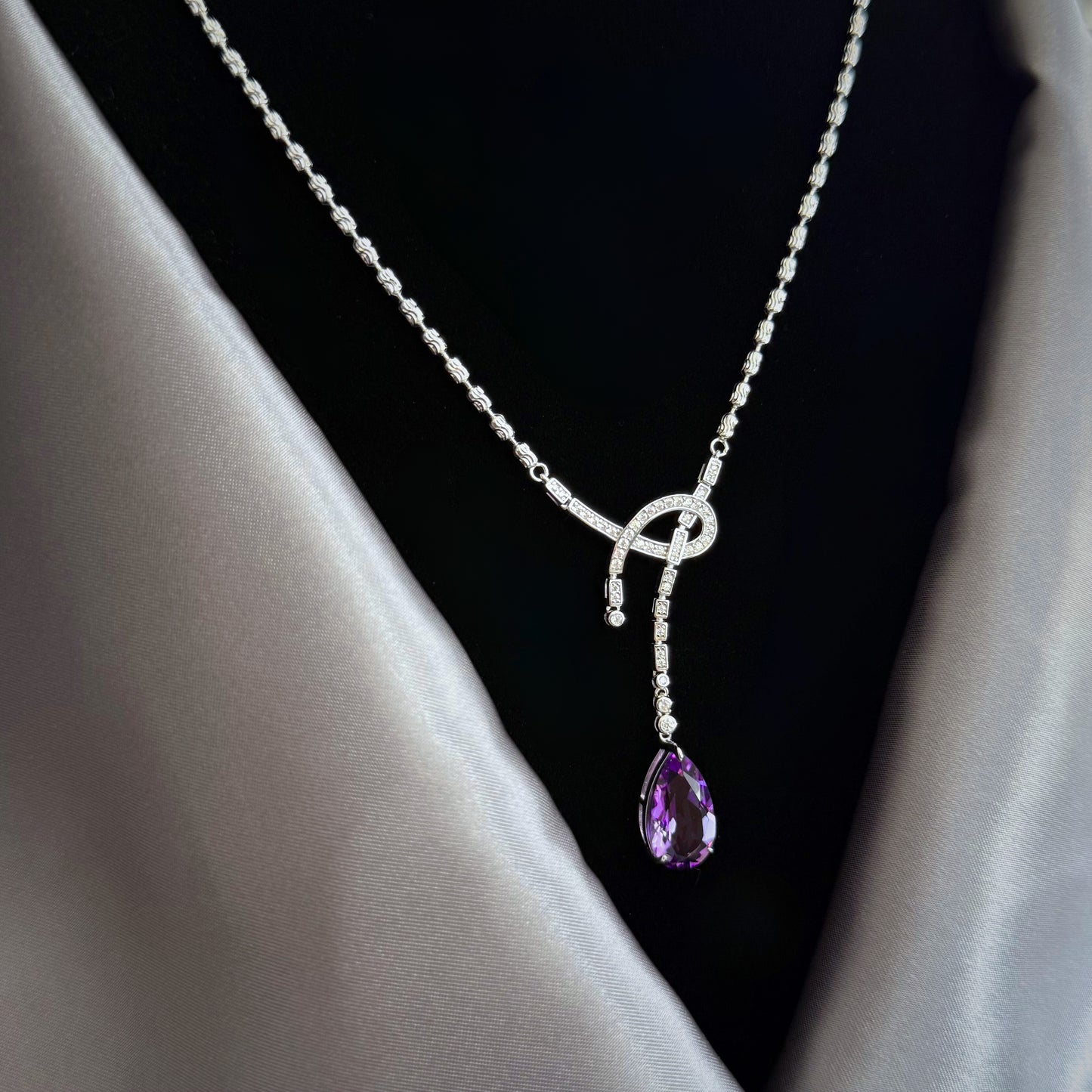 Ribbon Drop Sterling Silver Necklace with Natural Amethyst - Certified