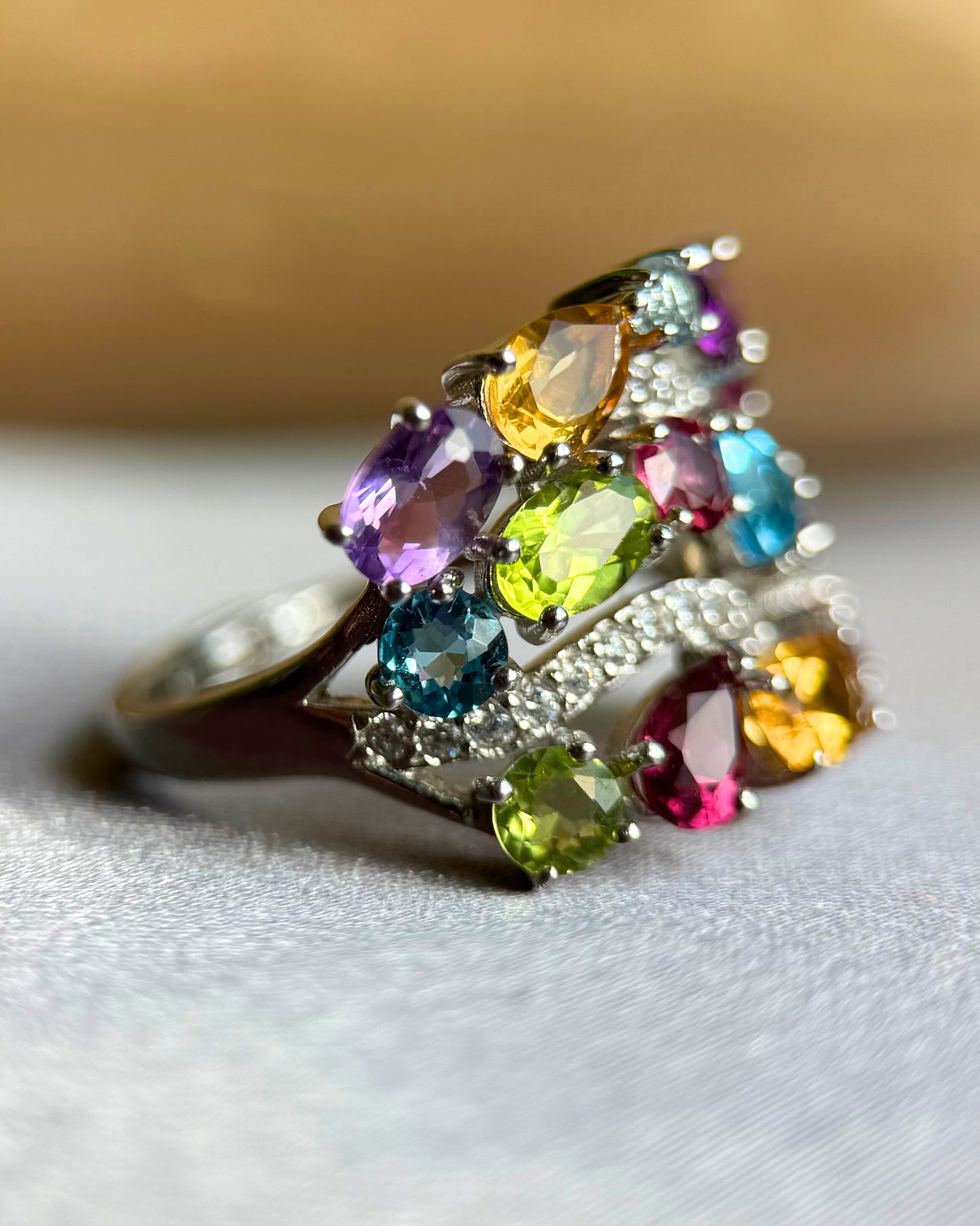 Natural Multi-Stone Adjustable Ring – Sterling Silver