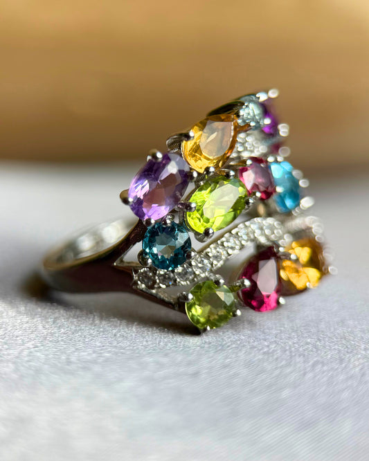 Natural Multi-Stone Adjustable Ring – Sterling Silver