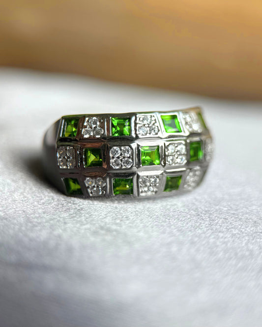 Natural Diopside Mosaic Ring – Adjustable Sterling Silver