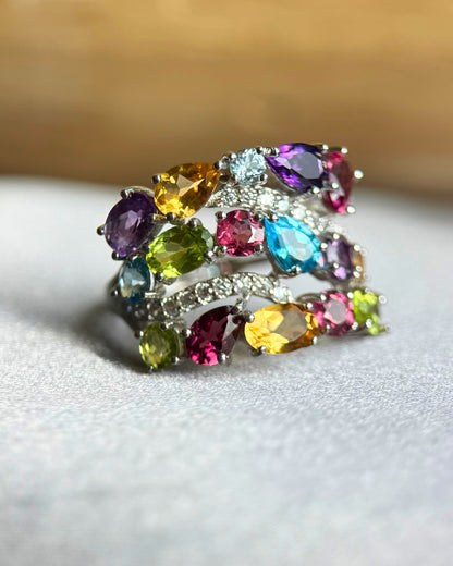 Natural Multi-Stone Adjustable Ring – Sterling Silver