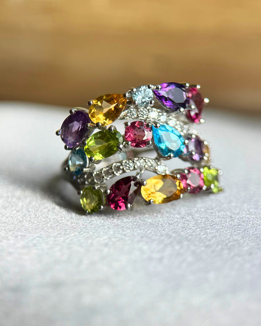Natural Multi-Stone Adjustable Ring – Sterling Silver