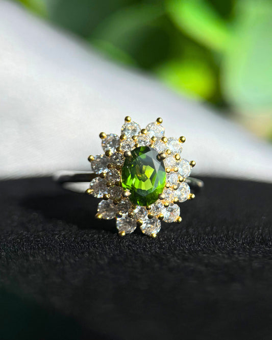 Rare Natural Green Diopside Halo Adjustable Ring - Sterling Silver - Certified