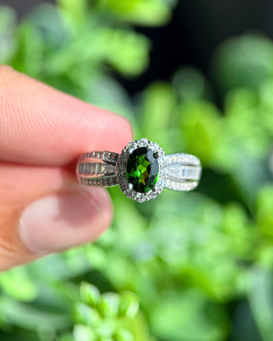 Enchanted Green Natural Diopside Adjustable Ring - Sterling Silver
