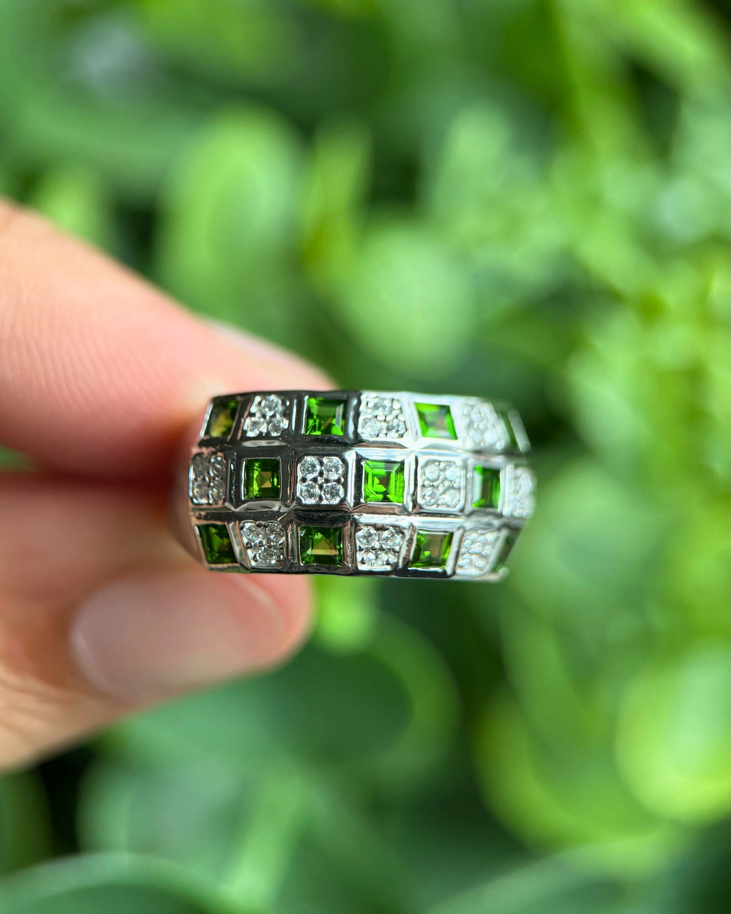 Natural Diopside Mosaic Ring – Adjustable Sterling Silver