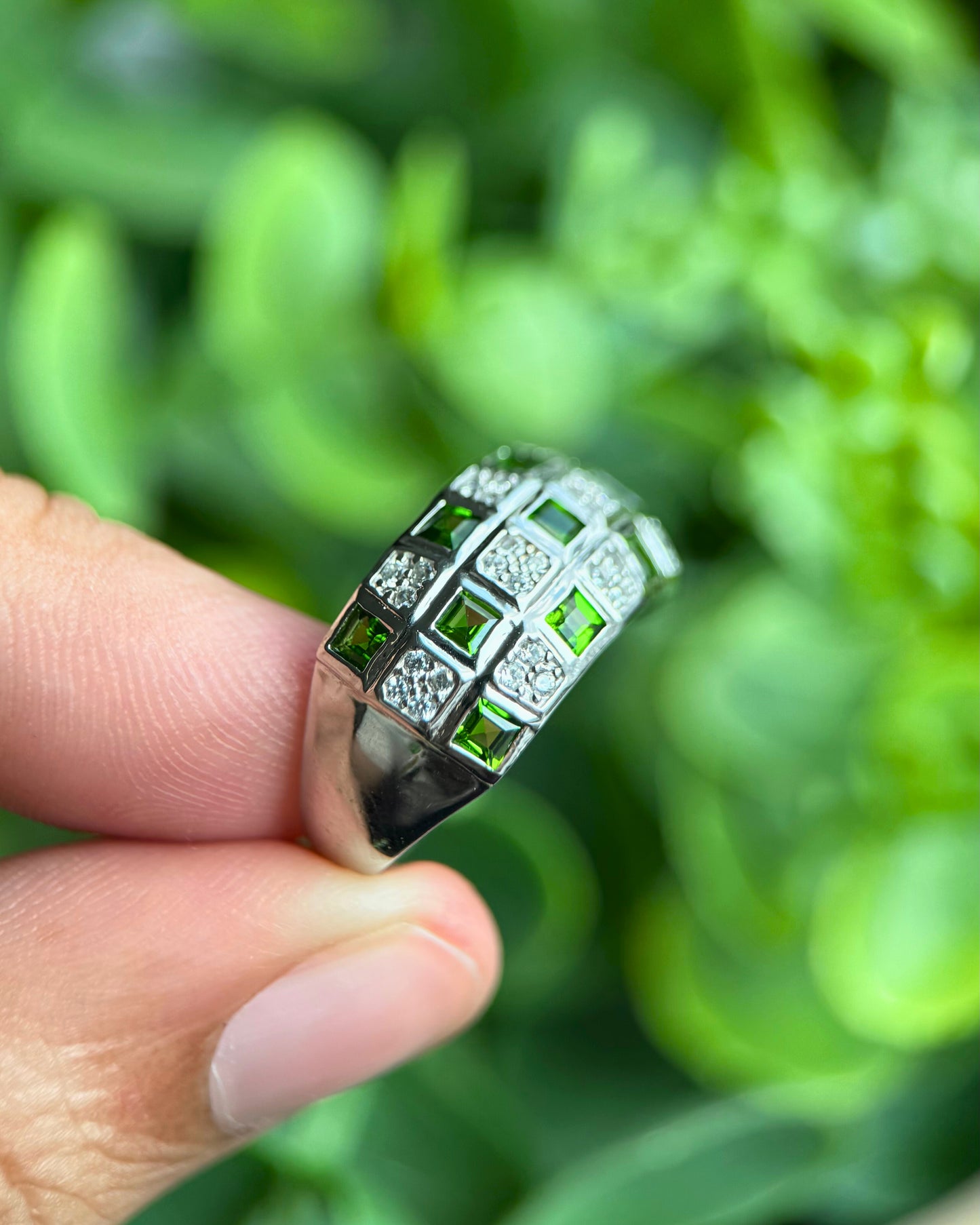 Natural Diopside Mosaic Ring – Adjustable Sterling Silver