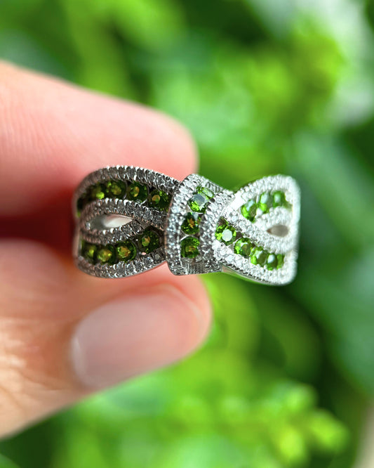 Natural Green Diopside Infinity Adjustable Ring – Sterling Silver