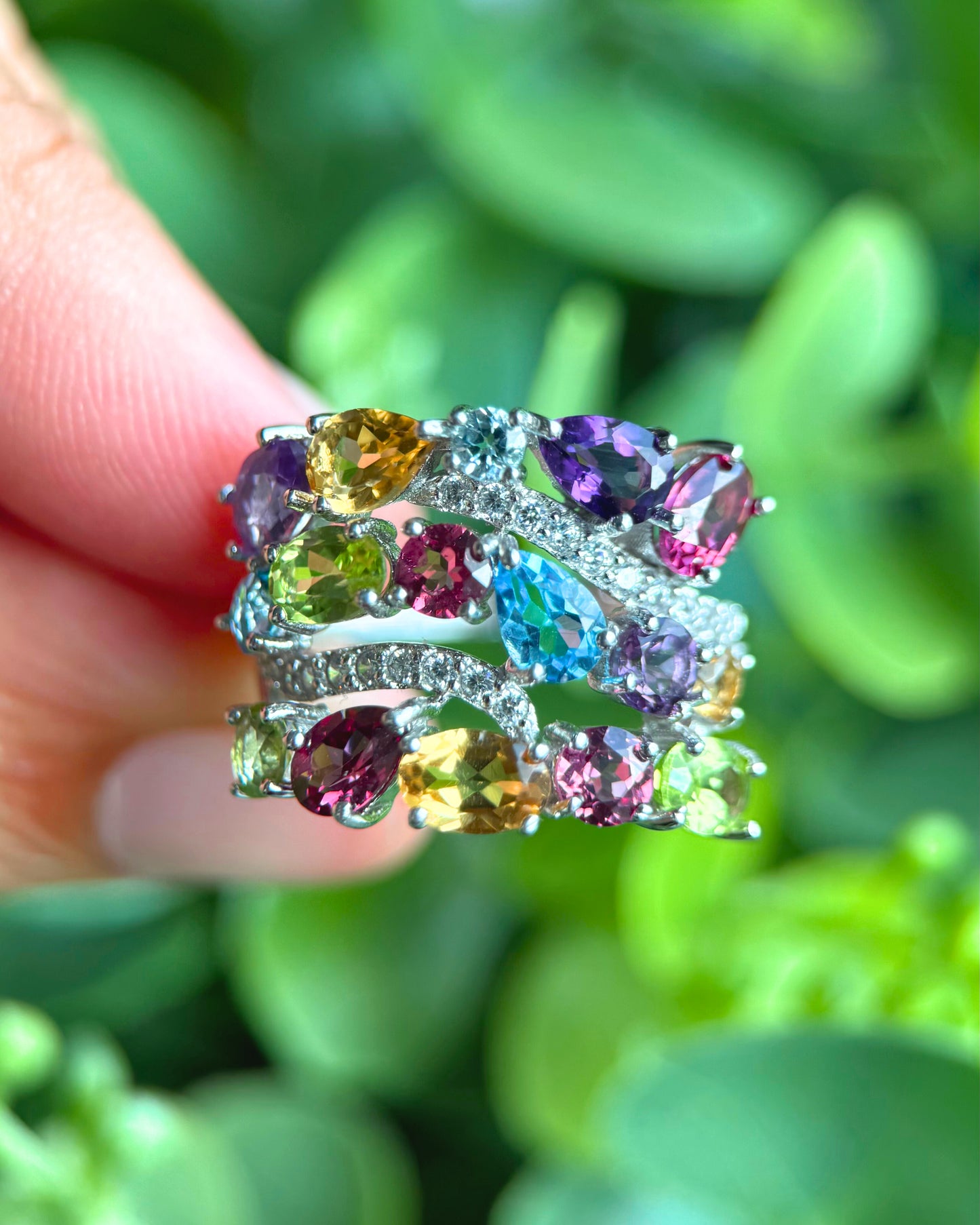 Natural Multi-Stone Adjustable Ring – Sterling Silver