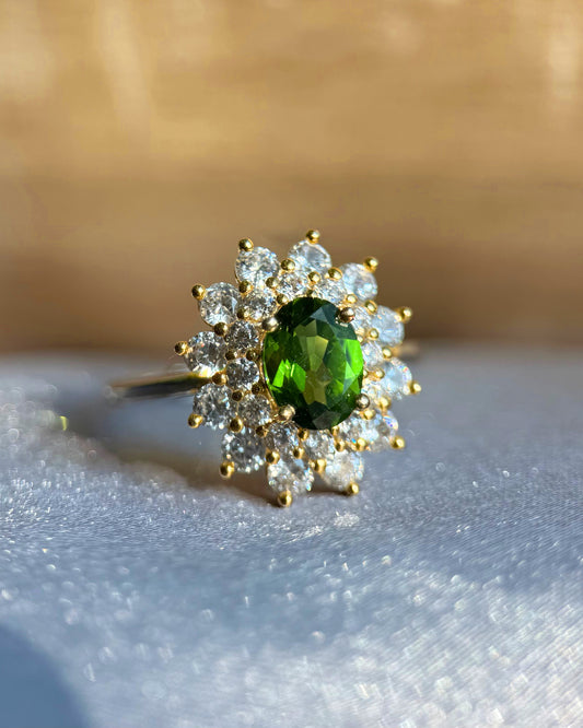 Rare Natural Green Diopside Halo Adjustable Ring - Sterling Silver - Certified