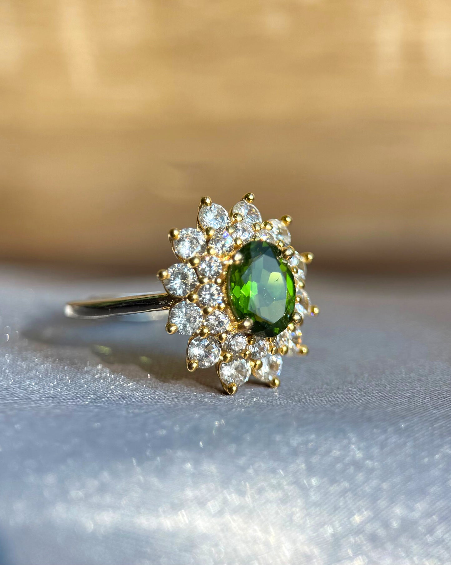 Rare Natural Green Diopside Halo Adjustable Ring - Sterling Silver - Certified