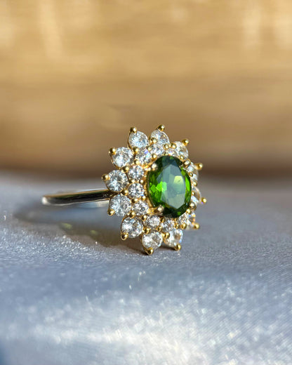 Rare Natural Green Diopside Halo Adjustable Ring - Sterling Silver - Certified